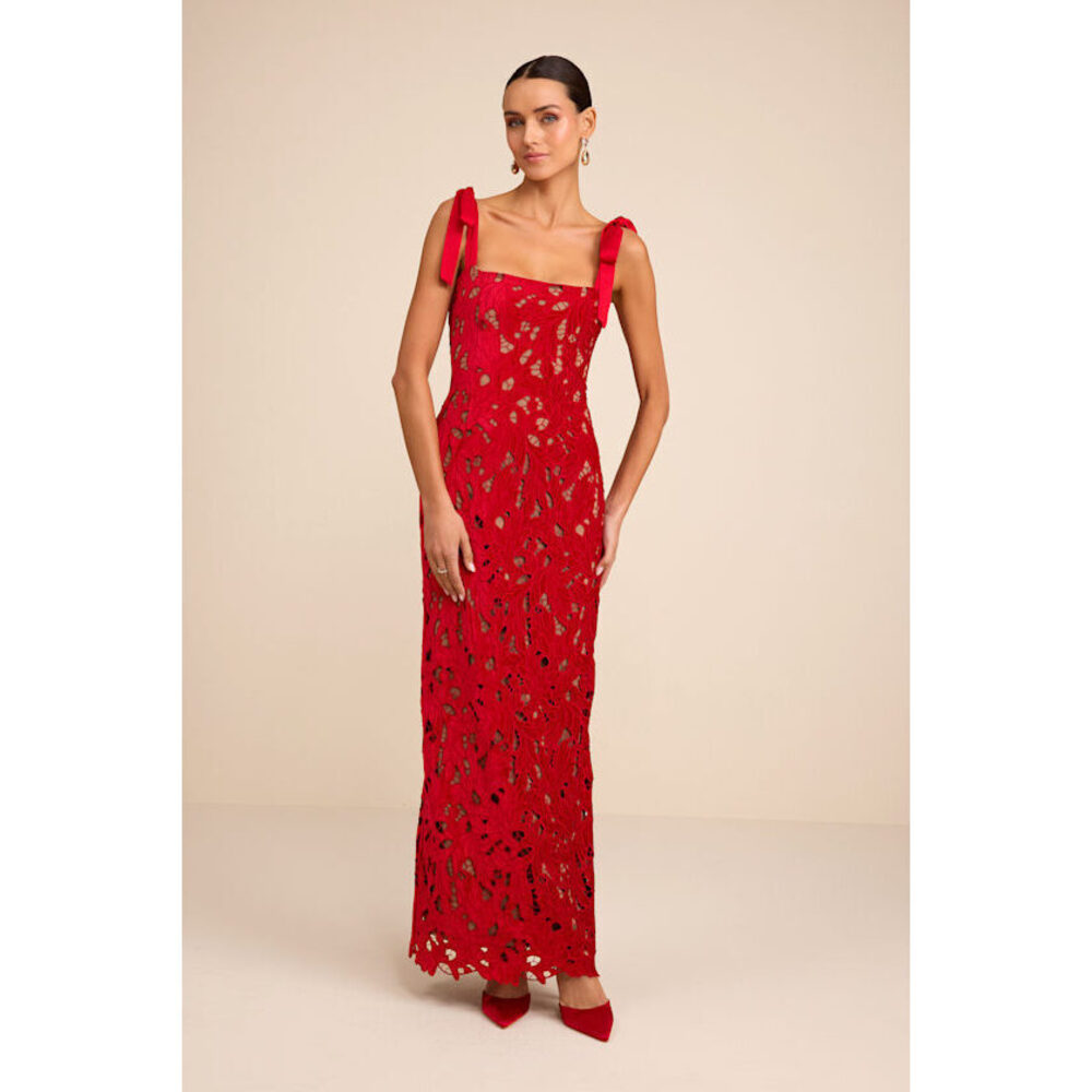 Lulus Ramsey Red Embroidered Tie-strap Maxi Dress - Size XS